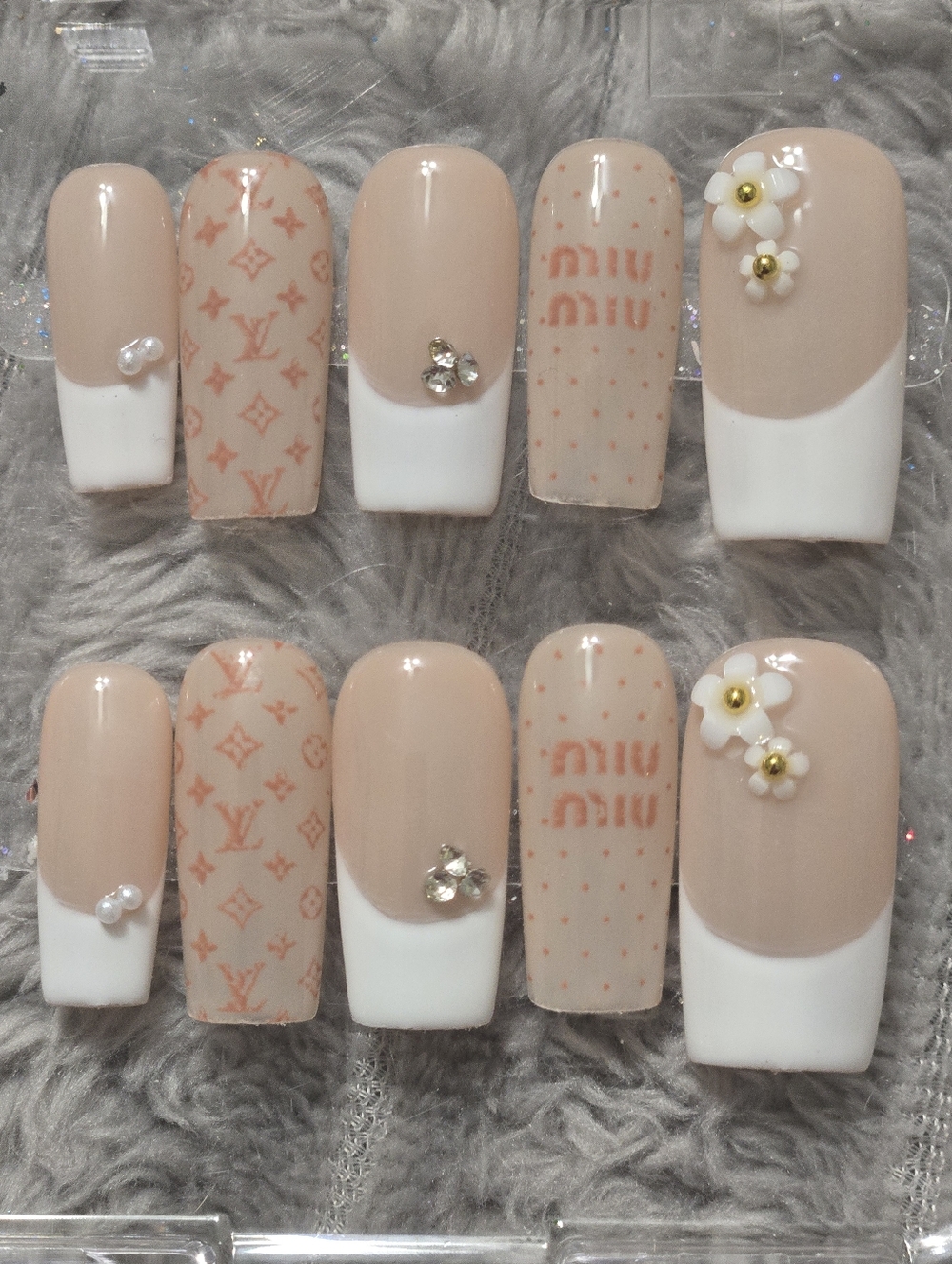 Designer Inspired Blush Nude French Tip Press-On Nails with Floral & Rhinestone